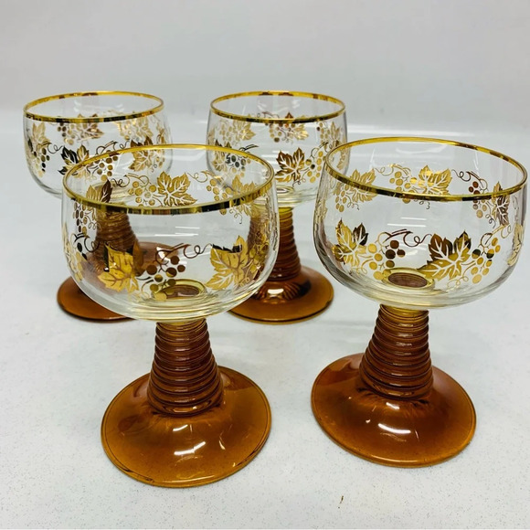 Vintage Amber Beehive Stem Wine Cocktail Glass  Set/4 Gold Trim Barware - Picture 1 of 9